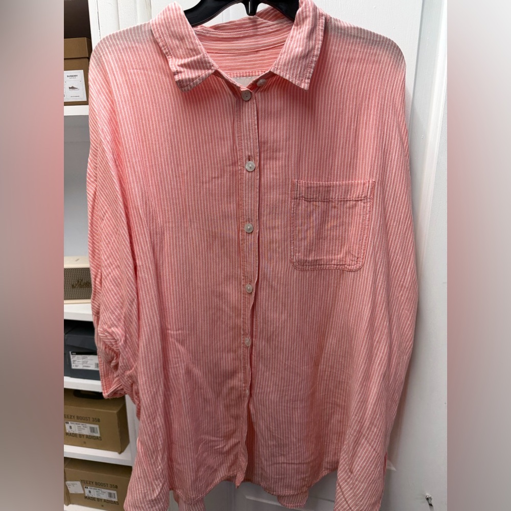 American Eagle Coral Pink Striped Button-Up Shirt